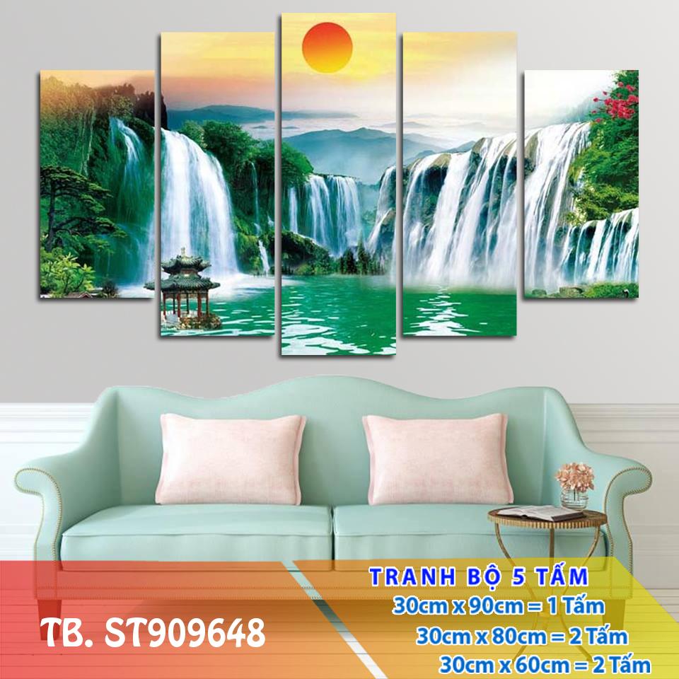 [Sale] Tranh Trang Trí Thác nước sơn thủy ST909648- Tranh đồng hồ 3D [5 tấm rộng 1,5m cao 0,9m] SuperDecor