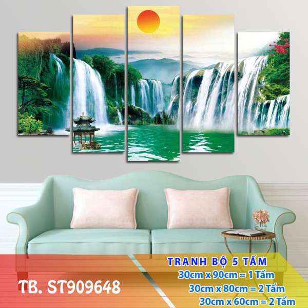 [Sale] Tranh Trang Trí Thác nước sơn thủy ST909648- Tranh đồng hồ 3D [5 tấm rộng 1,5m cao 0,9m] SuperDecor