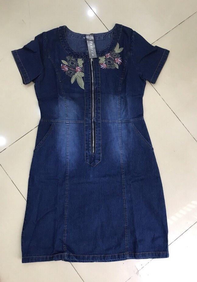 Đầm jean thêu hoa cao cấp phối dây kéo