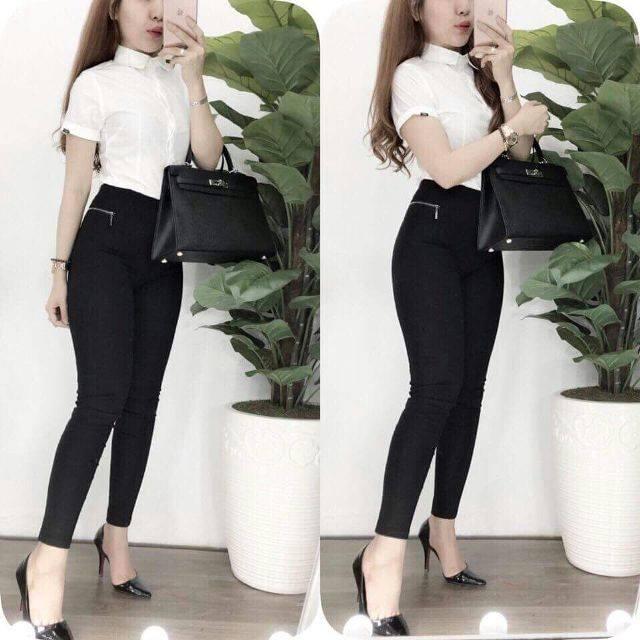Quần legging gu nữ phối dây kéo ngang thun dày đẹp