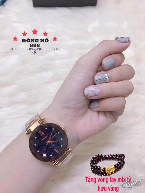 Đồng hồ Nữ Halei mặt tròn dây thép thời thượng TẶNG 1 vòng tỳ hưu phong thủy - Dây vàng mặt đen