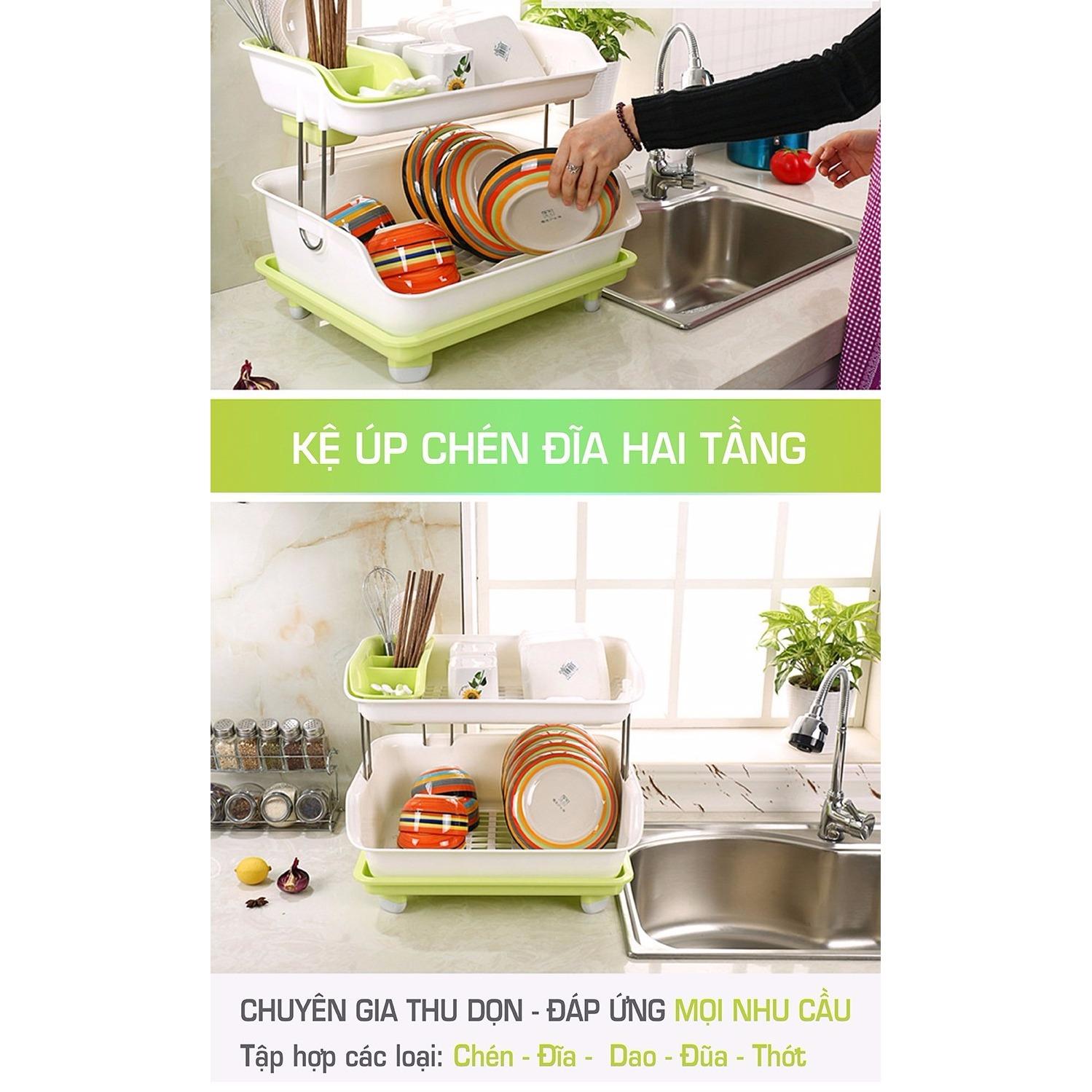 Giá úp bát đĩa 2 tầng có khay hứng nước