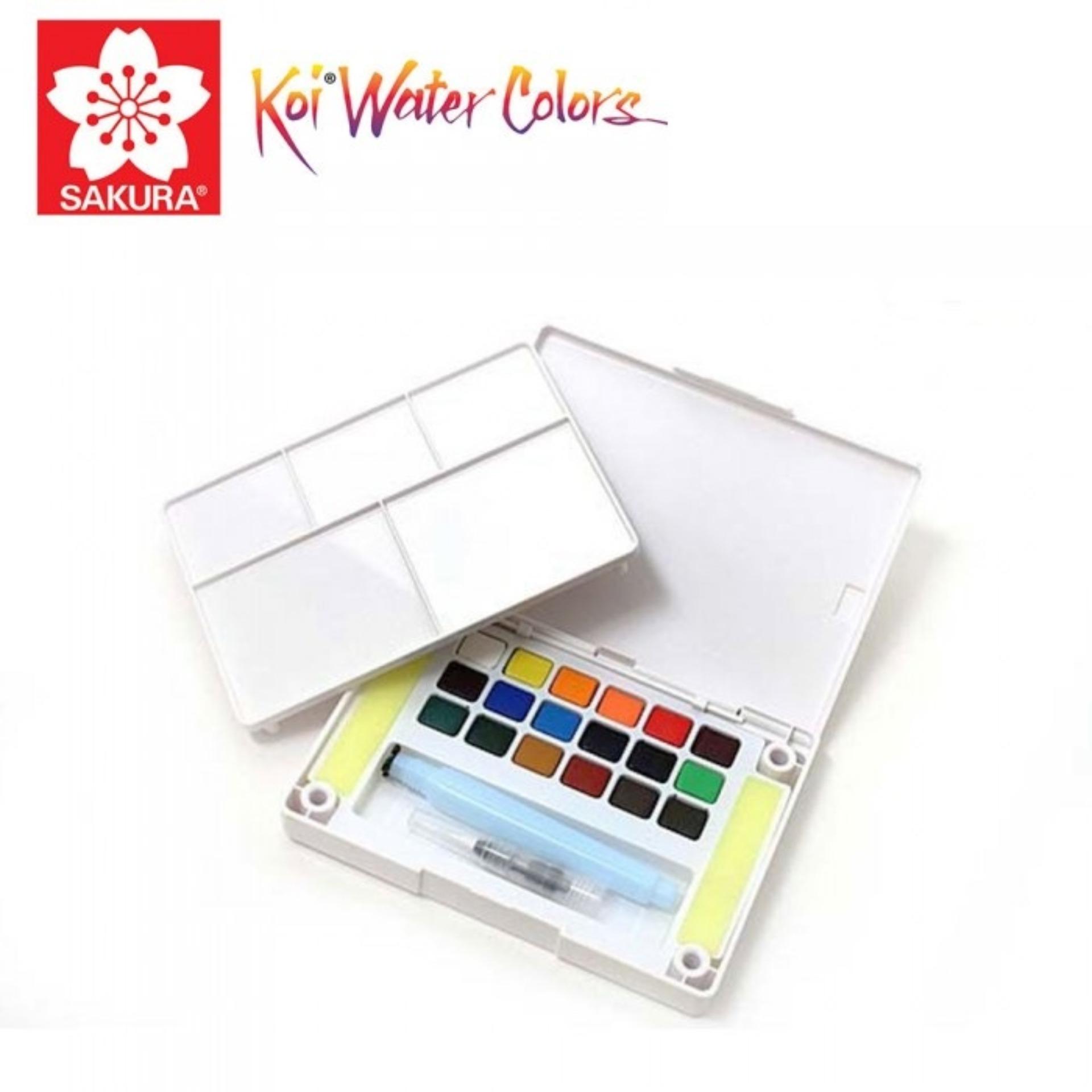 [HCM][TẶNG 10 TỜ GIẤY VẼ MÀU NƯỚC 300 GSM HAPPY A6] - MÀU NƯỚC SAKURA KOI DẠNG NÉN 18 MÀU (KÈM BẢNG PHA MÀU VÀ CỌ NƯỚC DÀI)