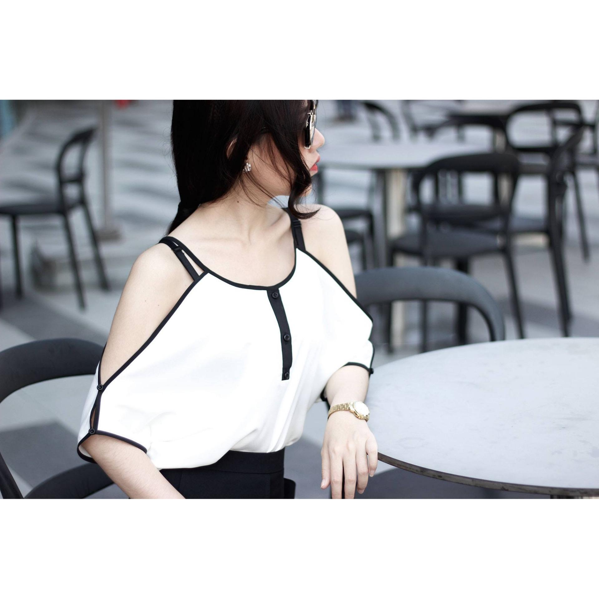 Áo thời trang rớt vai tay dơi đen
