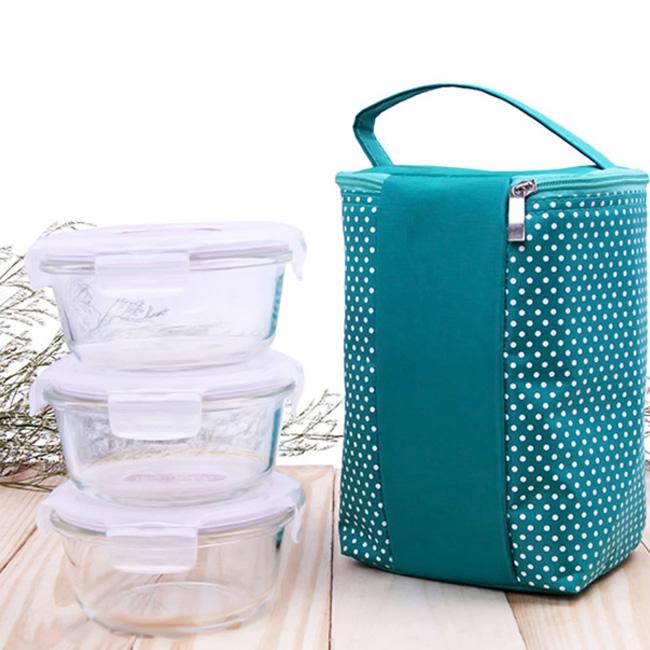 [HCM]Bộ 3 hộp thủy tinh Lock&Lock 400ml và Túi giữ nhiệt xanh lá