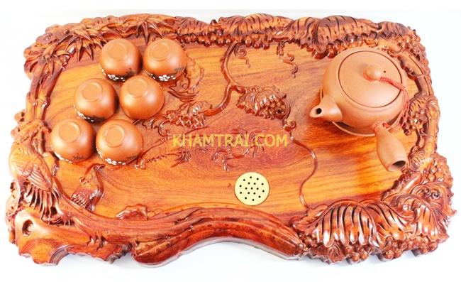 Khay trà cao cấp gỗ Hương đục cảnh ao quê