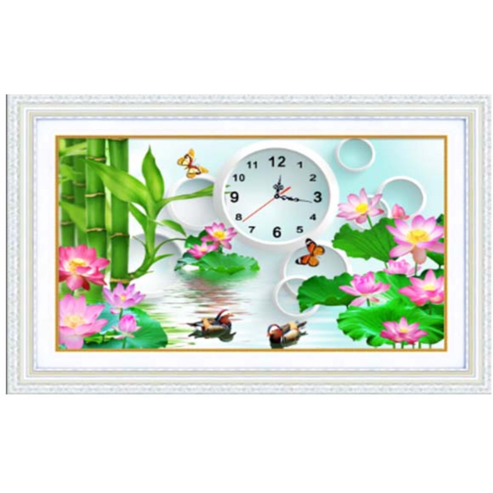 Tranh đính đá đồng hồ trúc sen-YN2031-Ngọc Thịnh