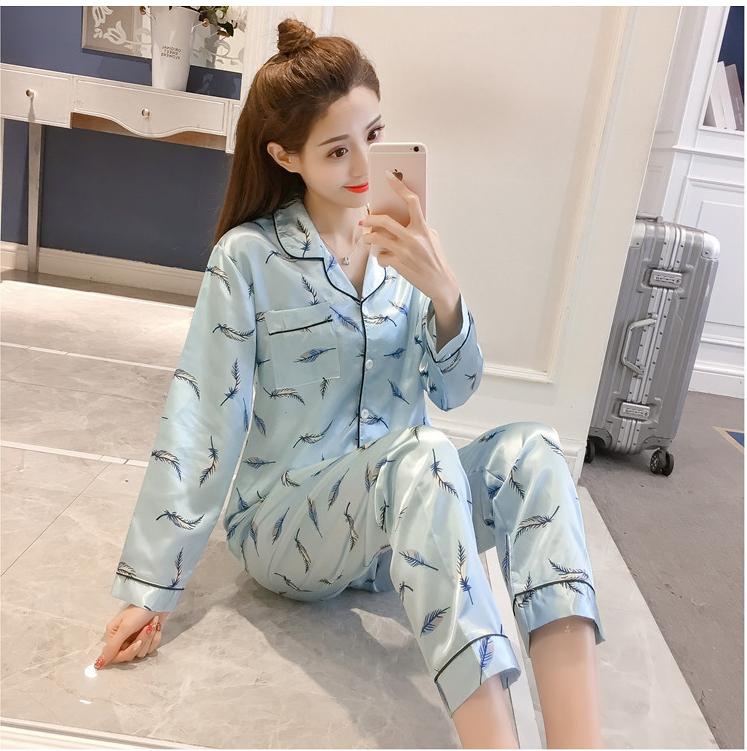 [HCM]Bộ Đồ Pijama Tay Dài Chất Vải Phi Lụa Hoa Tiết Lông Vũ CDANP12