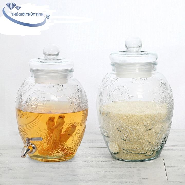 Bình Ngâm Sâm Thủy Tinh Long Phụng 8 Lít Có Van