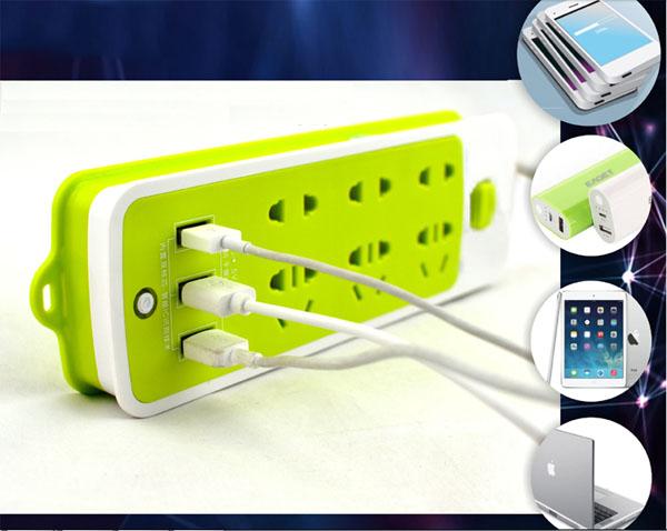 Ổ cắm điện kiêm sạc điện thoại (6 phích cắm, 3 cổng USB)