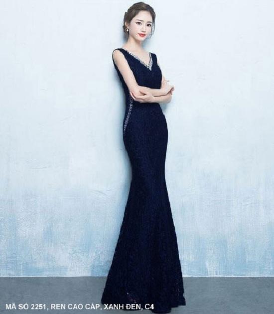 ĐẦM DẠ HỘI REN CỔ V ĐÍNH ĐÁ SANG TRỌNG