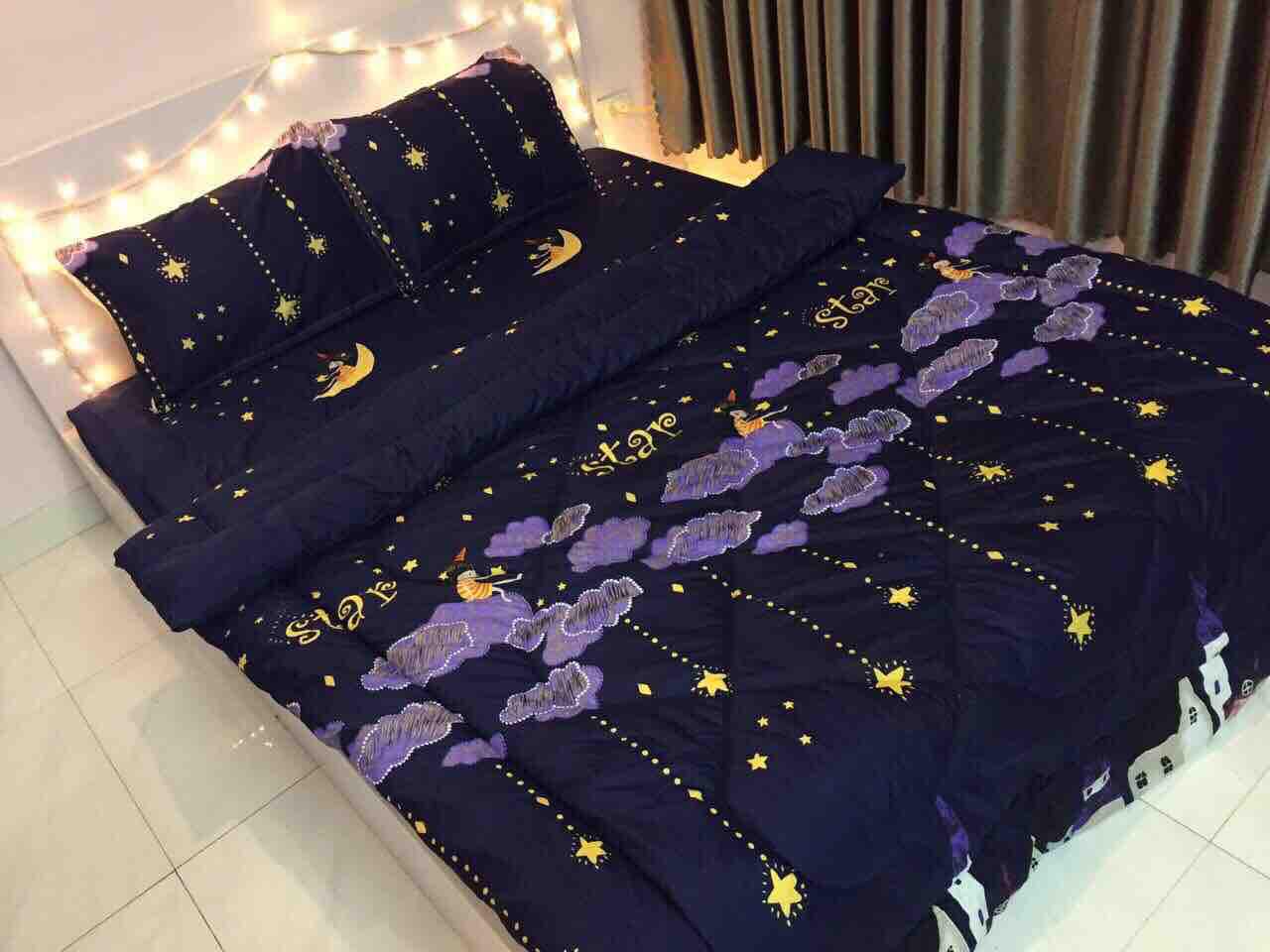 BỘ CHĂN GA GỐI PHAO COTTON POLY COMBO 5 MÓN - HOA SAO RƠI Beding shop-  drap giường, ga giường, ra giường, drap trải giường,ga trải giường, drap trải giường đẹp ga trải giường cưới, bộ ga trải nệm mát, ga giường cưới,Ga giường spa