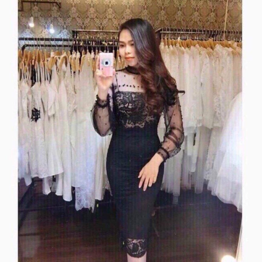 Đầm body tay dài lưới đính cườm phối ren 
