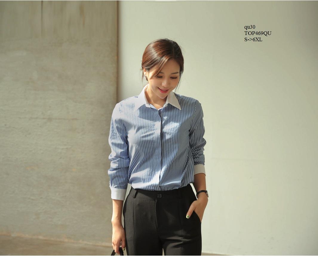 Top469qu áo sơ mi nữ kẻ sọc xanh