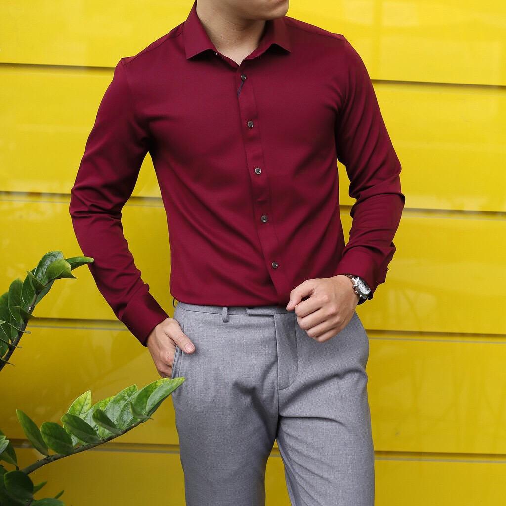 Áo sơ mi nam vải Lụa Thái cao cấp, Sơ mi nam Màu Đỏ Đô
