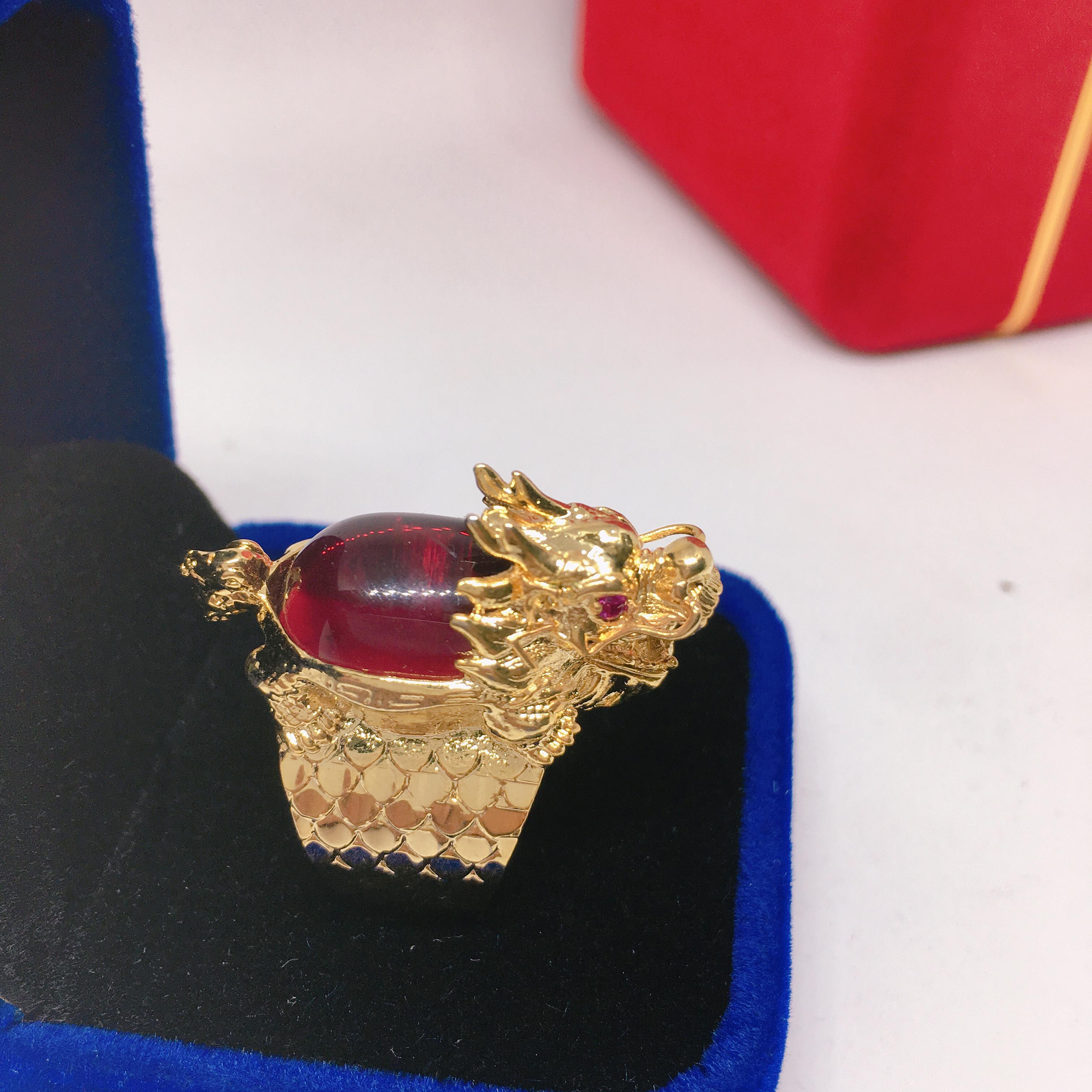 Nhẫn phong thủy Nhẫn phong thủy Nhẫn nam Rồng đính đá mạ vàng cao cấp, may mắn ( đỏ)