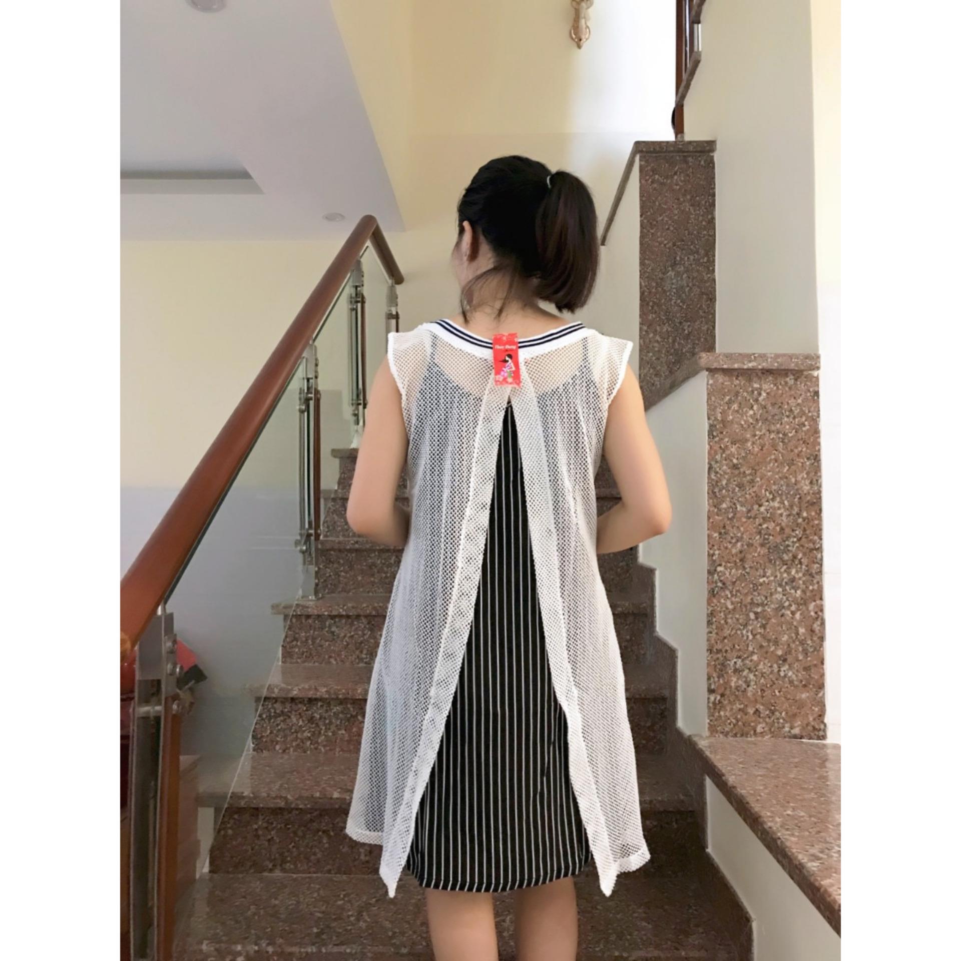 Đầm bầu suông 2 lớp phối ren lưới (trắng)