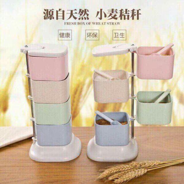 Hộp đựng gia vị 4 tầng xoay lúa mạch