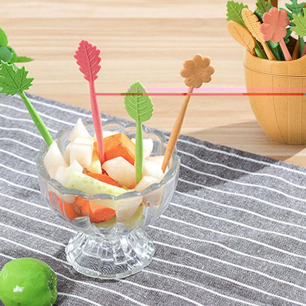 16PCS Fruit Picks Biodegradable Wheat Straw Leaves Shape Forks Set with 1 Khaki Barrel Container for Vegetables Cakes Snacks Salad Table Decor Tools - intl