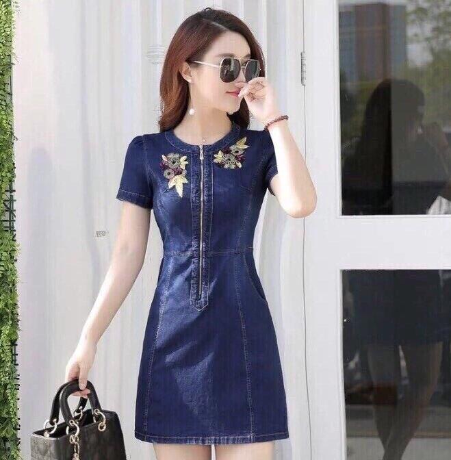 Đầm jean thêu hoa cao cấp phối dây kéo