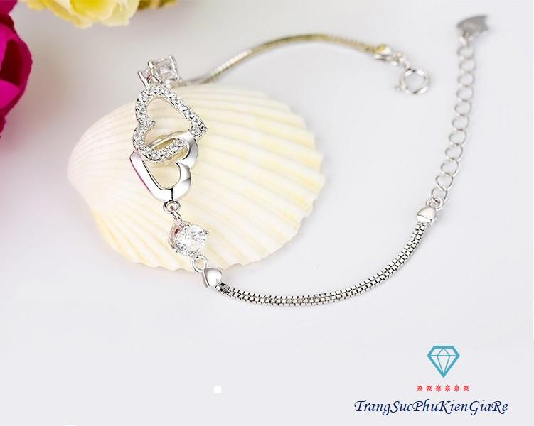 Vòng tay nữ 2 trái tim hạt đá xinh xắn xi bạc S925