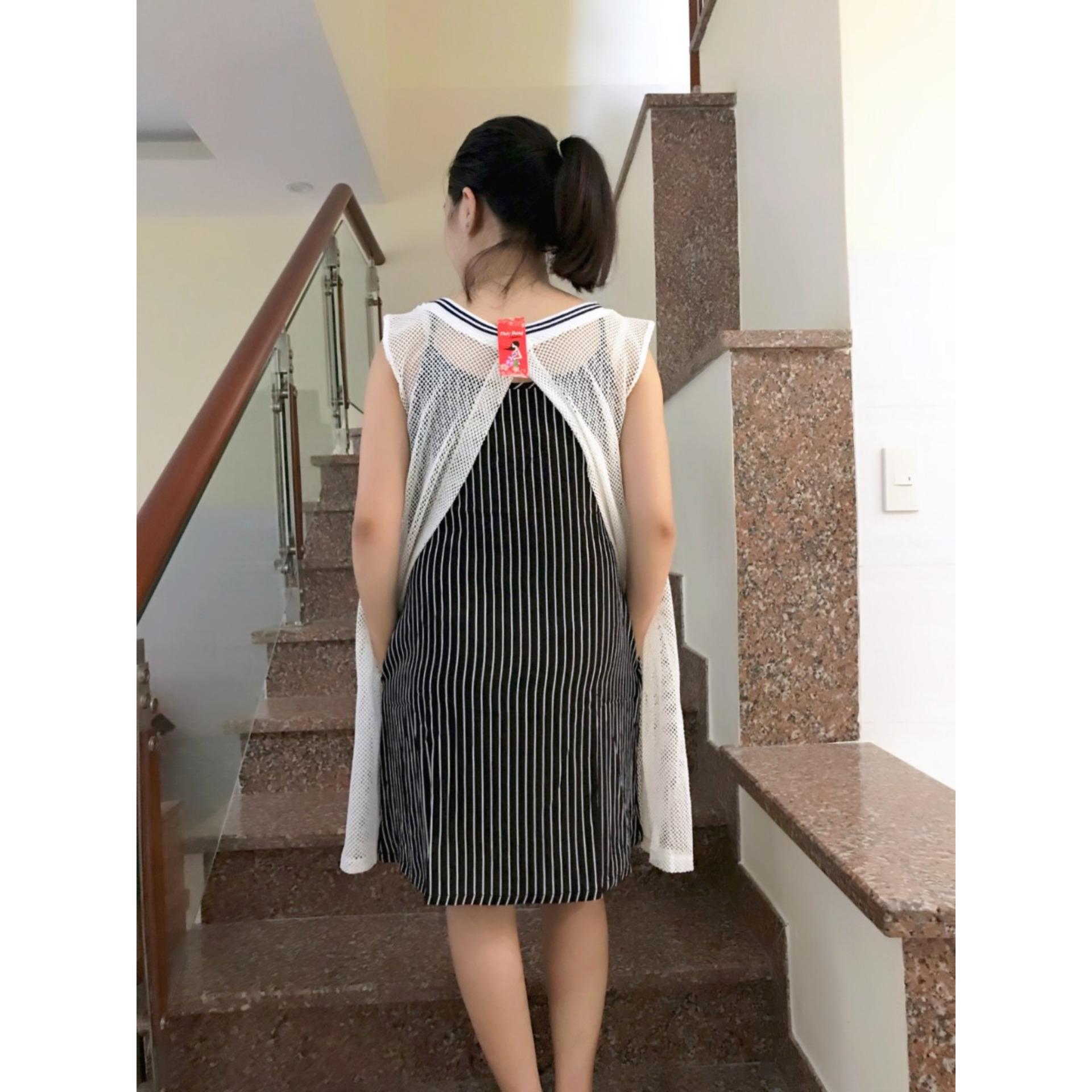 Đầm bầu suông 2 lớp phối ren lưới (trắng)