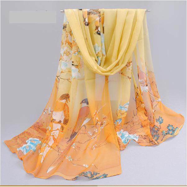 Khăn choàng cổ voan nhung họa tiết chim nhỏ (màu vàng)