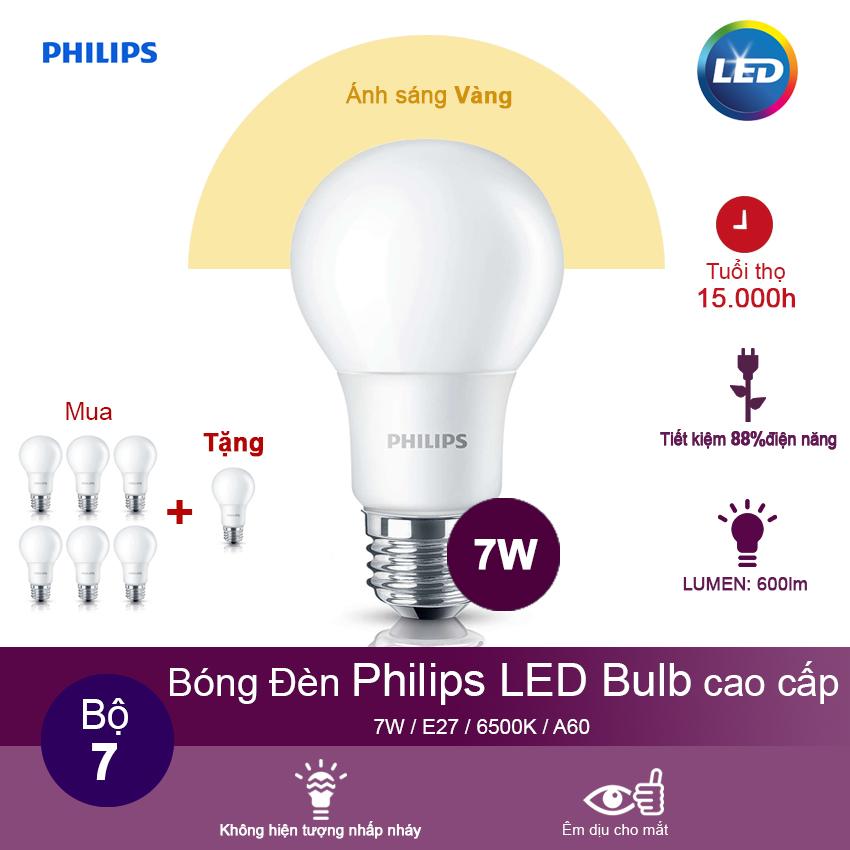 (Mua 6 tặng 1) Bóng đèn Philips Ledbulb 7W 3000K đuôi E27 230V A60 - Ánh sáng vàng