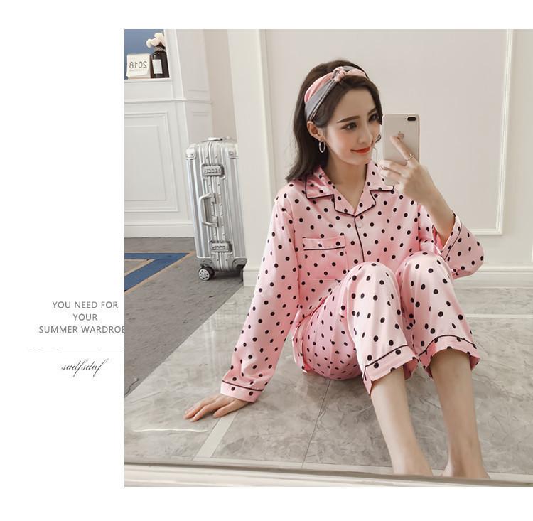 [HCM]Bộ Đồ Mặc Nhà Pijama Phi Lụa Họa Tiết Chấm Bi CDANP15