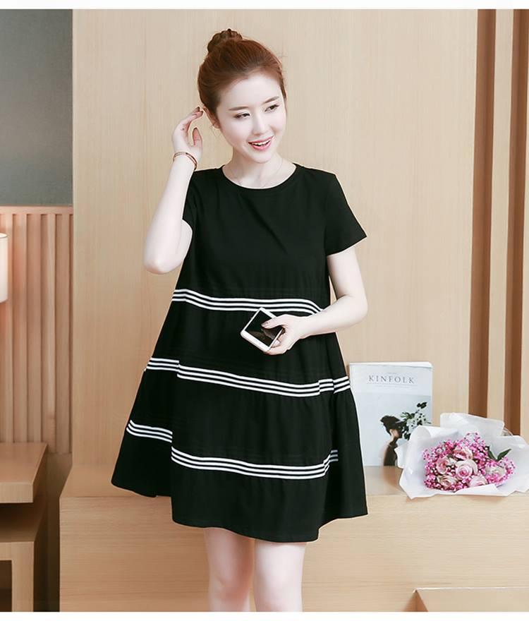 Đầm Bầu-Váy Bầu Đen Phối Kẻ Dáng A Cộc Tay ĐB1165