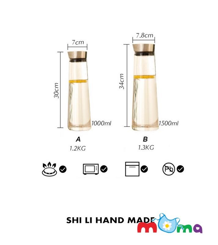 Bình nước Thủy Tinh, chai, lọ thủy tinh có nắp Inox silicon đẹp Water Bottle đựng trà, nước lọc, nước ép trái cây, detox, dung tích 1500ml_HK100