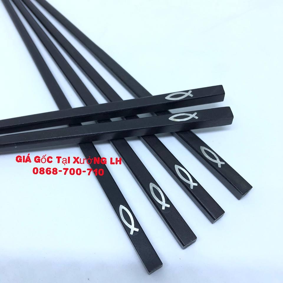 Bộ 10 đôi Đũa ăn gỗ Mun đầu vuông gắn họa tiết cá..