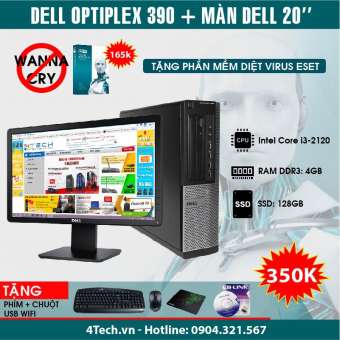 máy tính để bàn bộ dell optiplex 390 core i3 2120, 4gb ram, ssd 128gb, màn hình 20inch +tặng bộ chuột + phím + usb wifi - hàng nhập khẩu