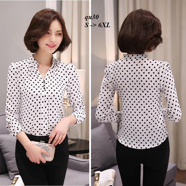 TOP153QU ÁO SƠ MI CHẤM BI CỔ TRỤ