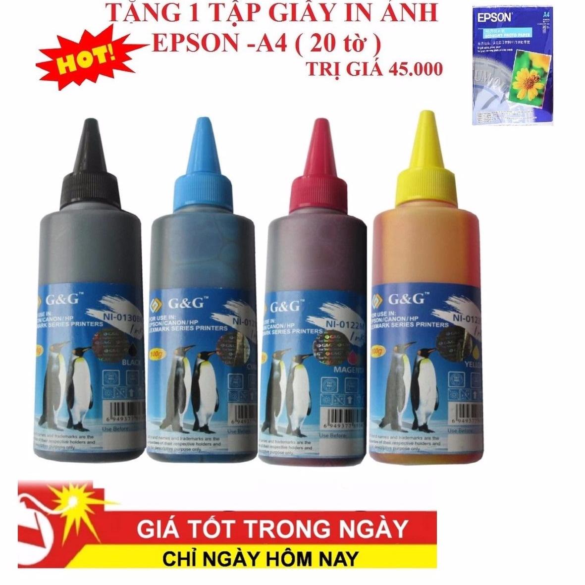 Bộ 4 chai mực  đổ cho máy in Canon HpEpson Brother (Tặng 1 Tập Giấy ảnh)