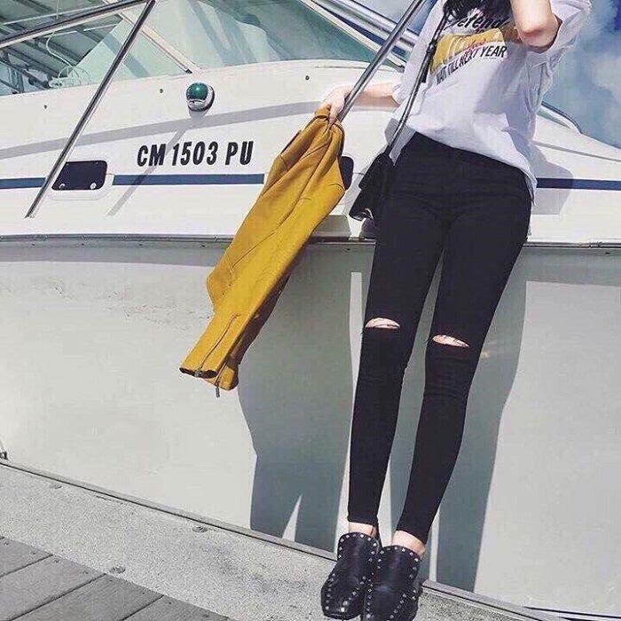 Quần Jean Nữ Lưng Cao Chất Liệu Đẹp  Đen Rách Gối Hàng Chuẩn Hình LNN 01R - Có Size Đại 31-36