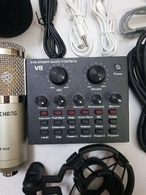 COMBO míc THU ÂM hát LIVESTREAM karaoke micro BM900 SOUND CARD V8 TẶNG TAI NGHE
