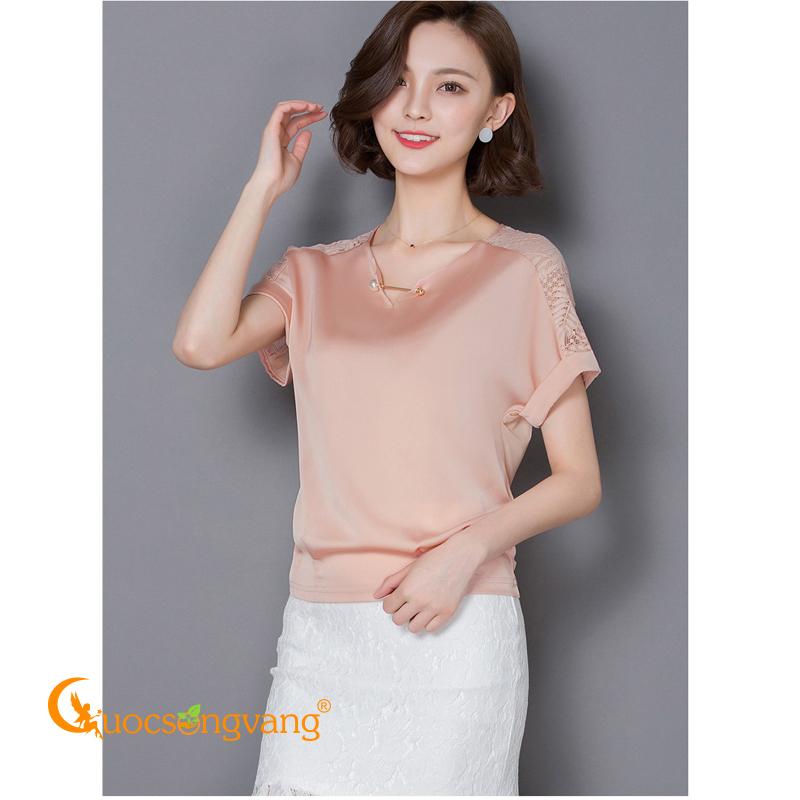 Áo lụa nữ gấu thun cổ v ngắn tay phối ren Queenbe GLA113