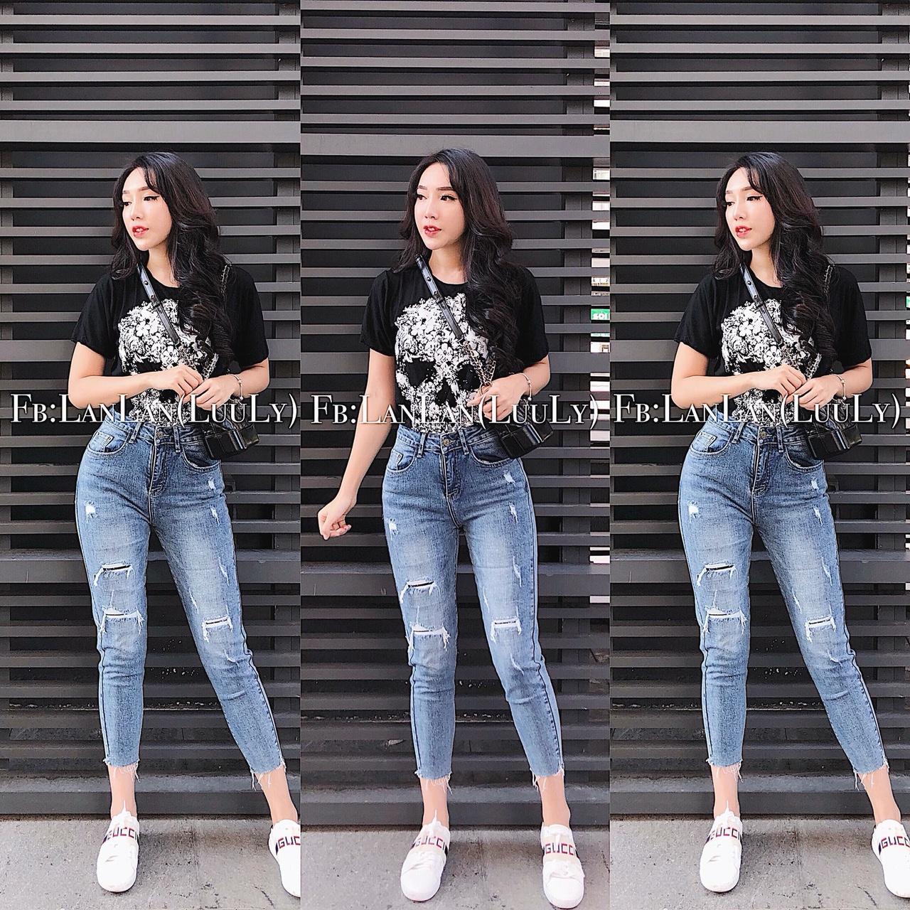 Quần jean dài 9 tấc vá đắp LƯNG CAO big size co dãn mạnh dành cho người béo 2436 - MoliJeans