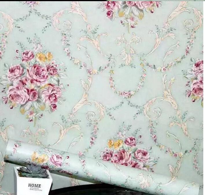 Cuộn 5m decal giấy dán tường hồng chùm cổ điển xanh khổ 45cm keo sẵn