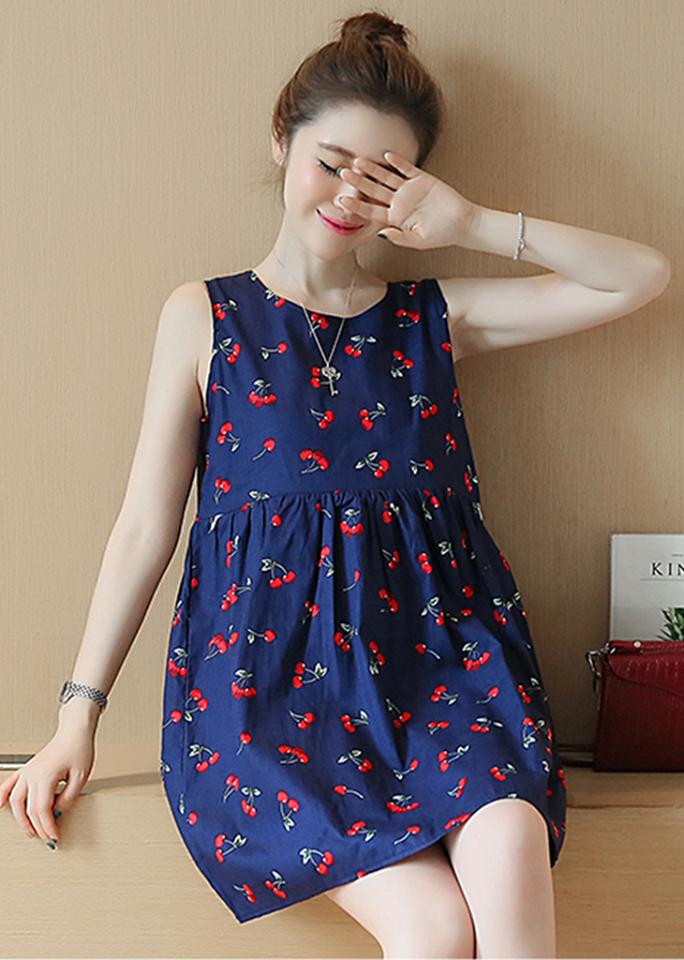 Đầm Bầu - Váy Bầu Cherry Xanh Sát Nách ĐB1146