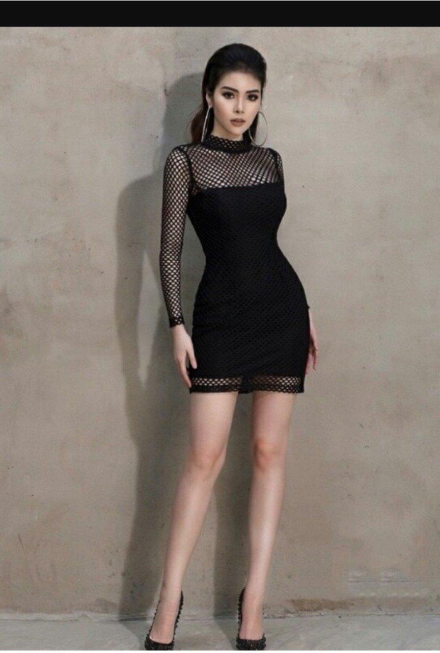 Đầm body phối lưới tay dài
