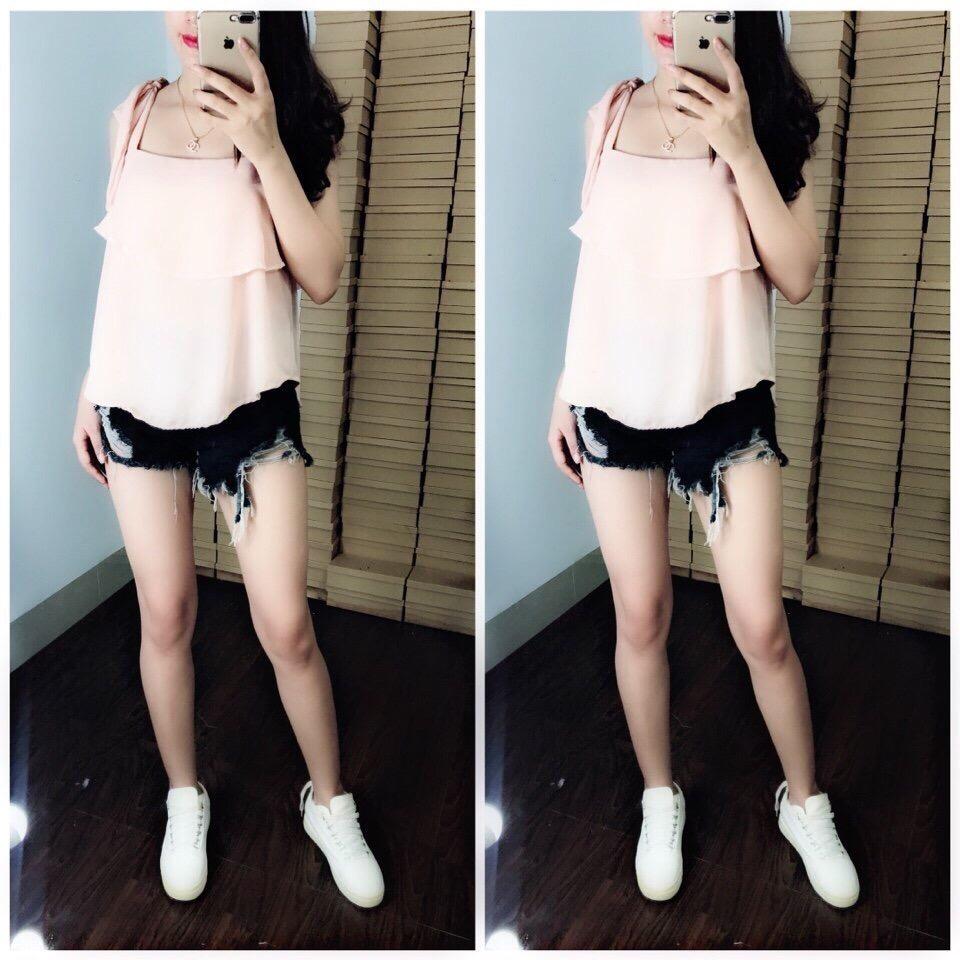 Áo voan nơ cột vai hai tầng