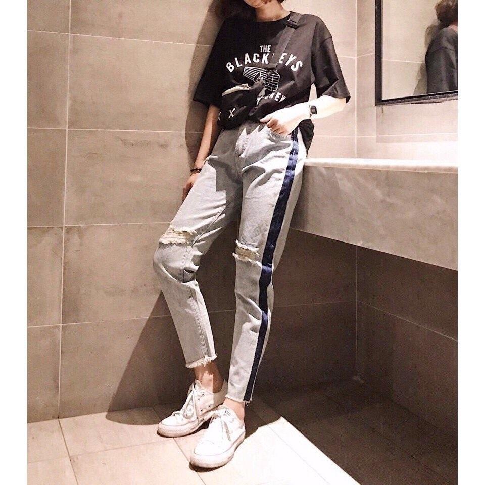 quần jean baggy nữ viền hông kèm rách gối 5112