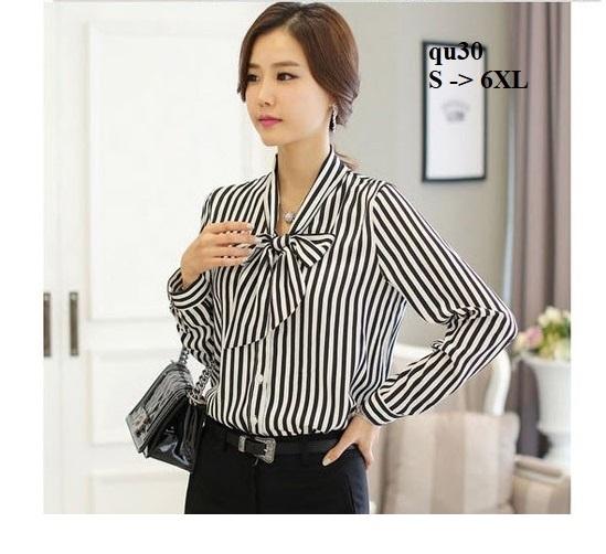 Top165qu sơ mi sọc cổ thắt nơ
