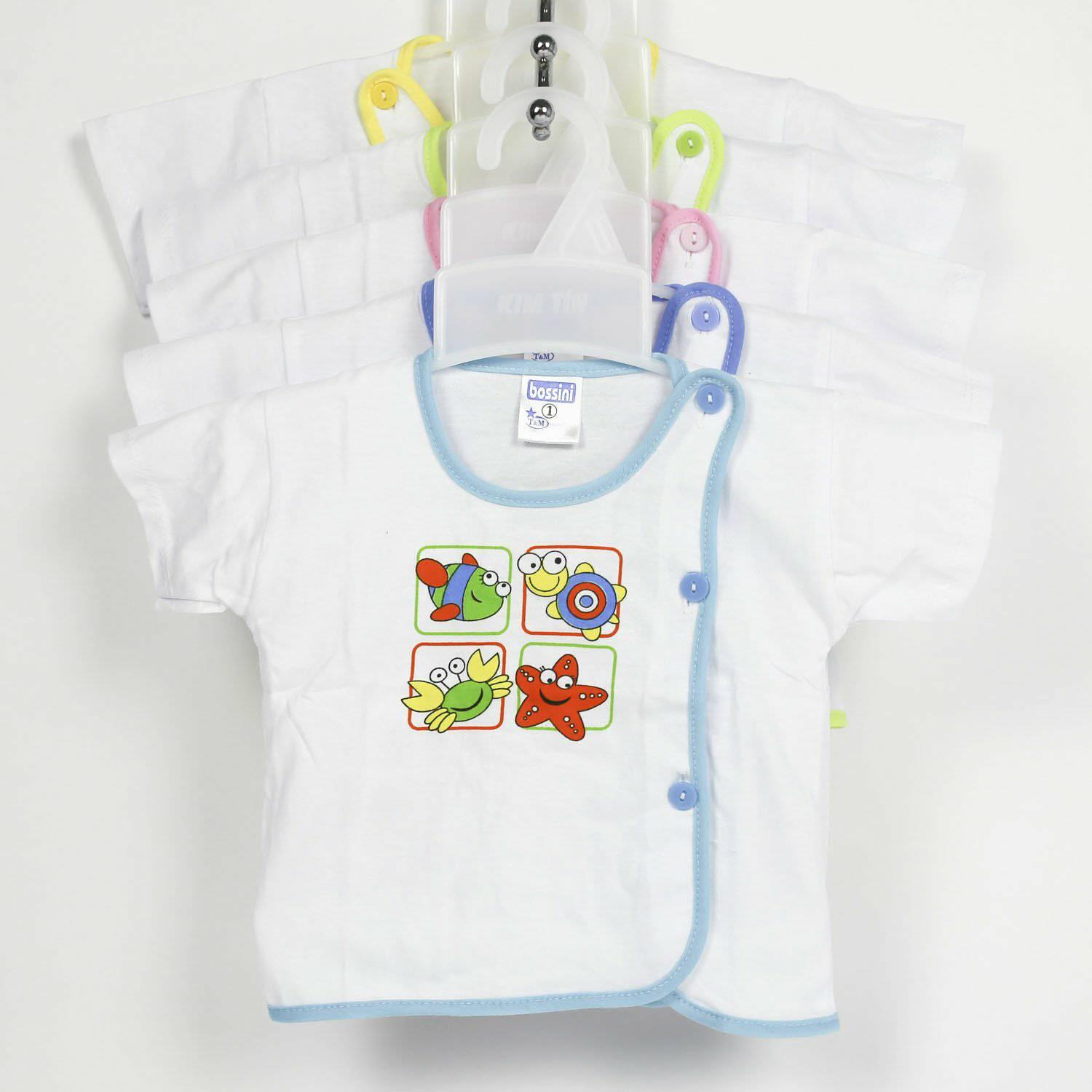 Bộ 5 áo SƠ SINH bosini ngắn tay màu trắng CÚC LỆCH cho bé từ 0-12 tháng