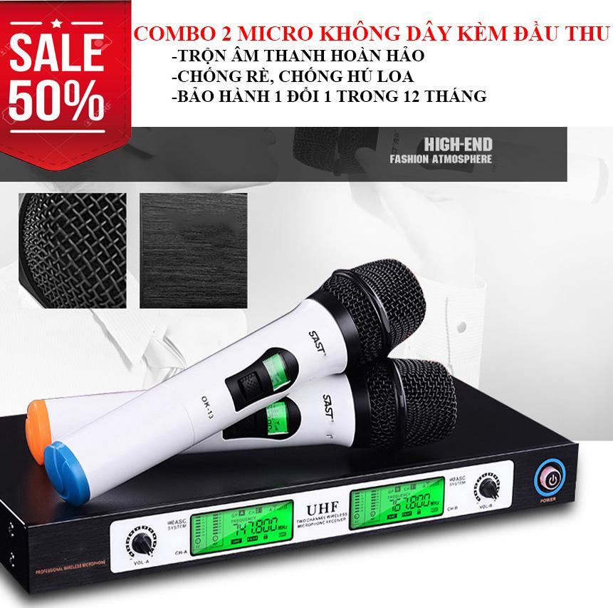 giá dàn karaoke, Micro karaoke không dây. Combo 2 micro không dây và đầu thu UHF 2 dâu UK-08, tích hợp mail trộn âm KOREA , âm thanh sống động, chân thực. Bảo hành bởi Lucky Store SG.