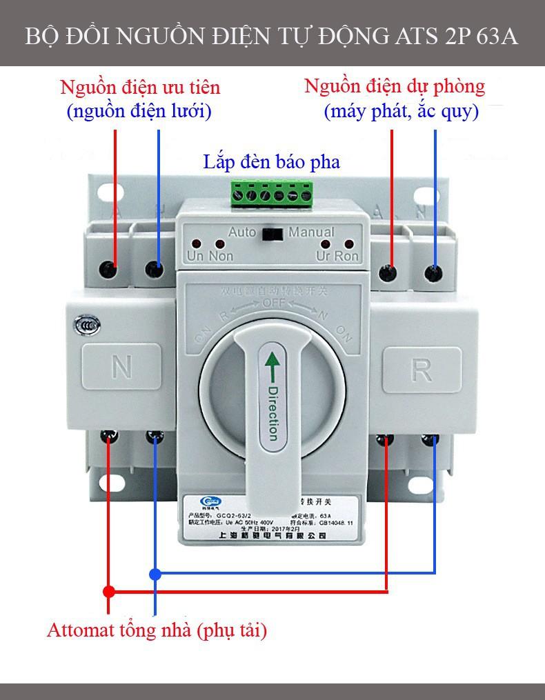 ATS Thiết bị chuyển mạch tự động 1 pha 63A/220V,Bộ chuyển đổi nguồn điện tự động ATS, cầu dao đảo chiều tự động ATS, ATS 1 pha