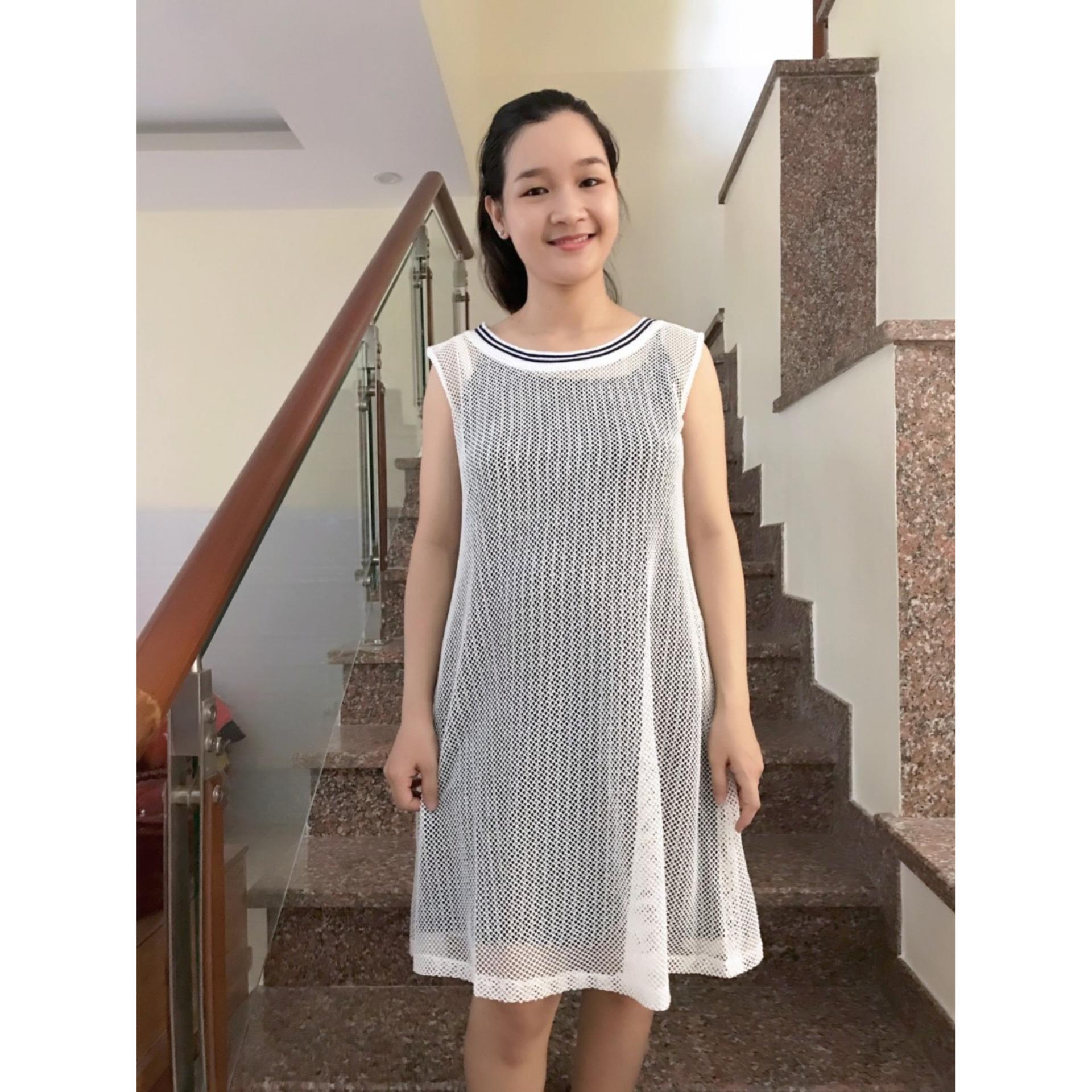 Đầm bầu suông 2 lớp phối ren lưới (trắng)