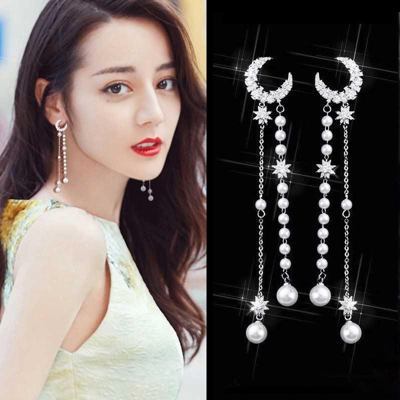 Bông tai mặt trăng tua dài đính ngoc trai điệu đà nữ tính